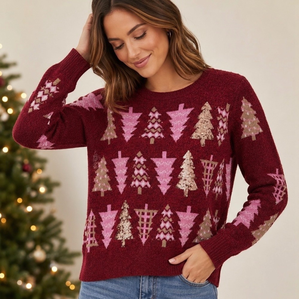 Holiday Time Burgundy Pink Christmas‎ Tree Gold Sequin Sweater L Cozy Ugly Party